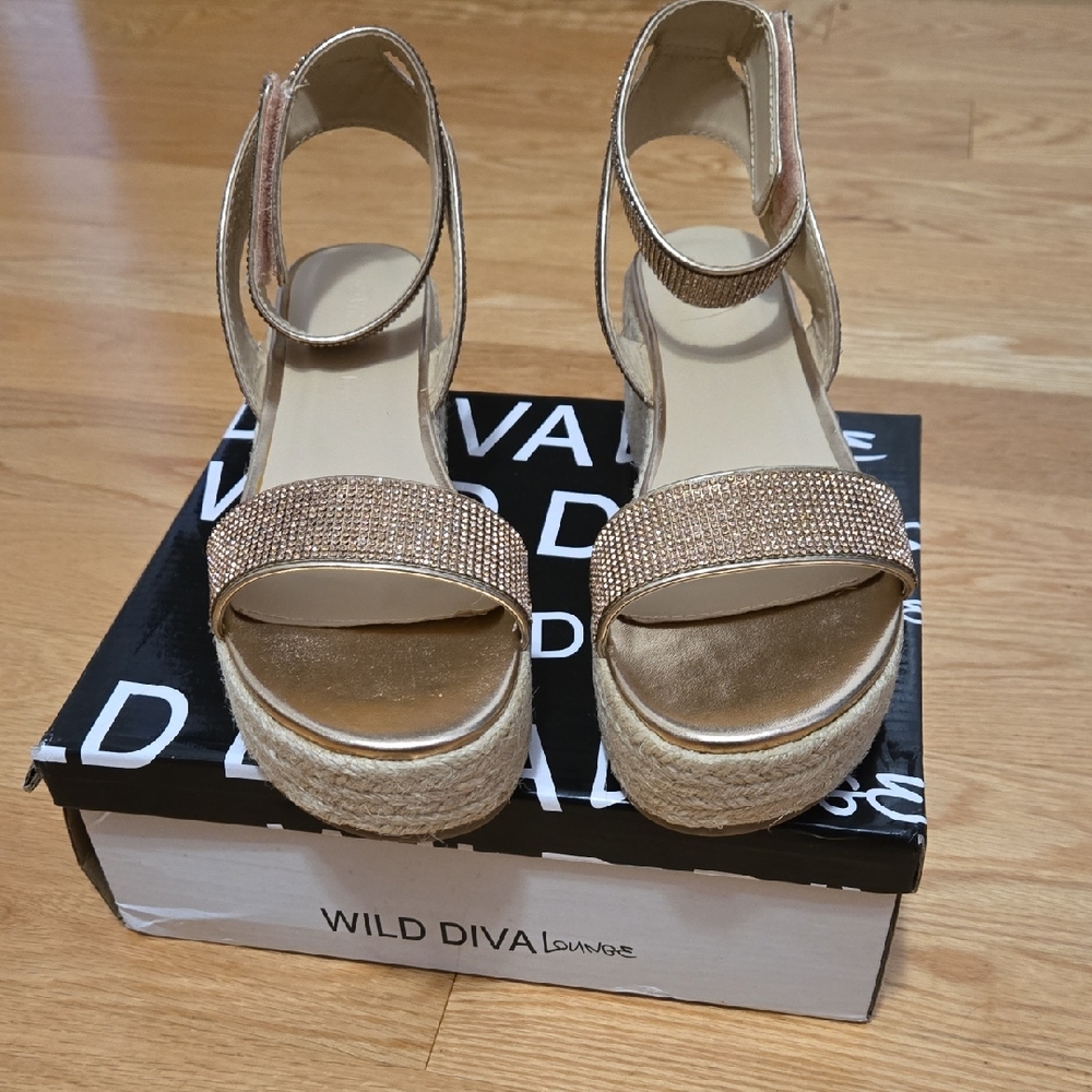 Wild Diva Beige and Gold Wedge Sandals